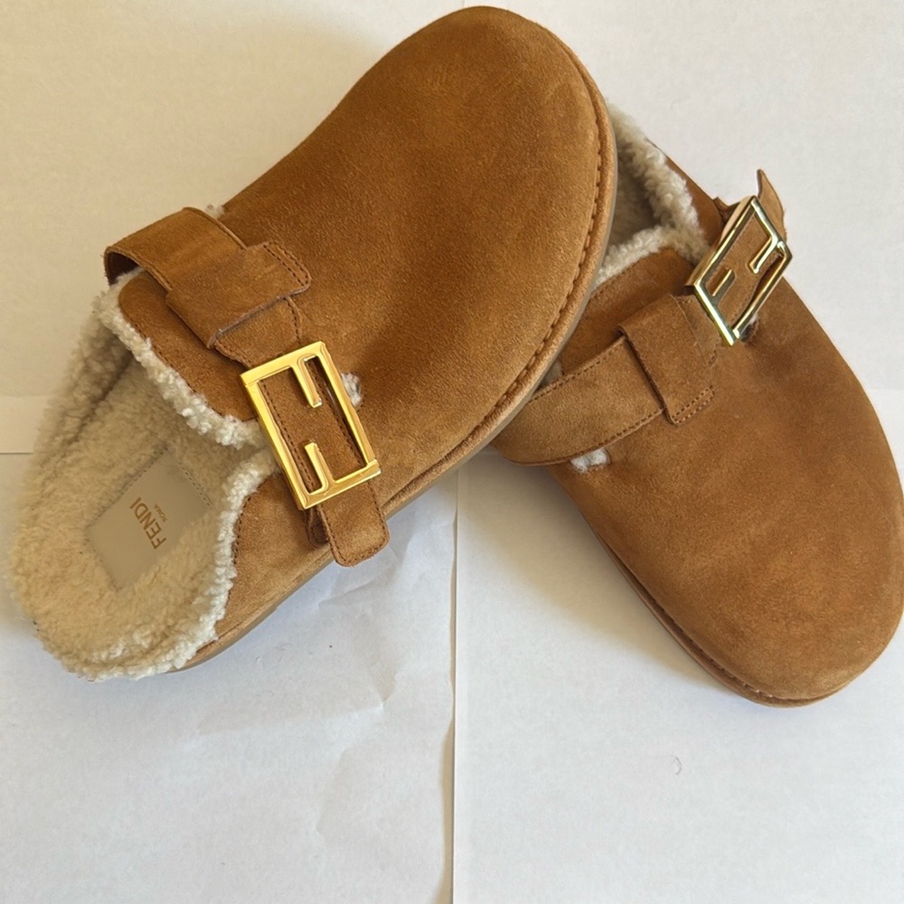 Fendi Brown Suede Shearling Lined Mules - Picture 3 of 15